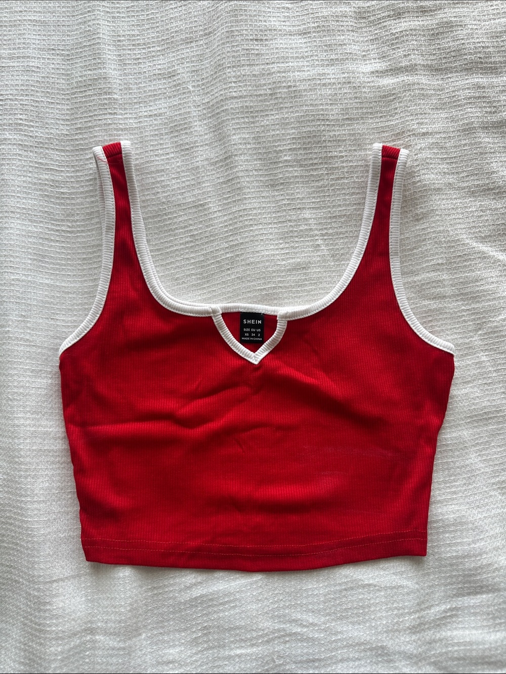 SHEIN Red Ribbed Crop Tank with White Trim Accents